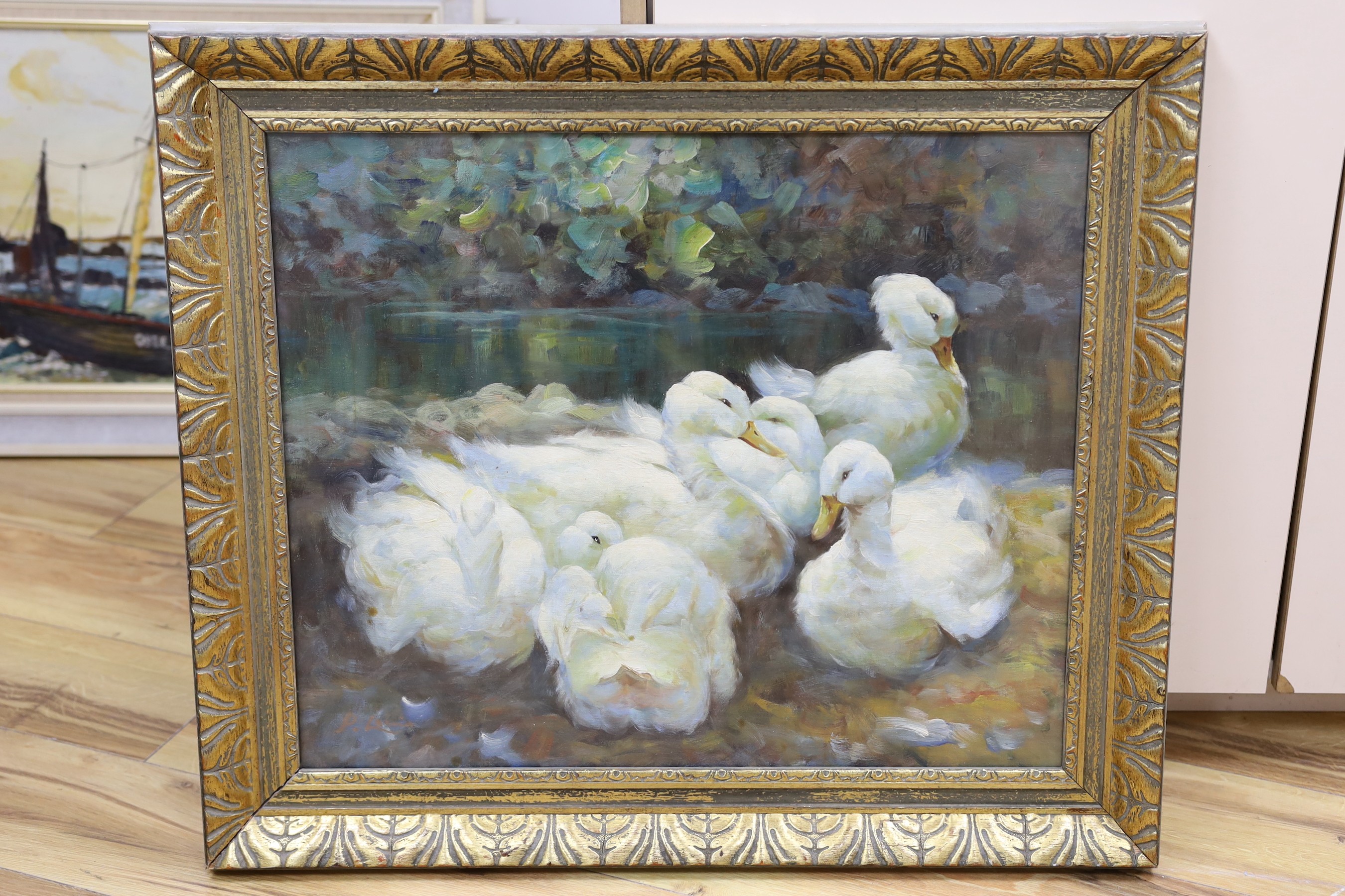 After Constant Artz, oil on board, Study of ducks, signed P. Laing, 49 x 59cm